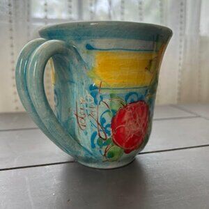 Vintage Poterie Galtie French Pottery Mug Rustic Crackle Glaze Floral 4.25"